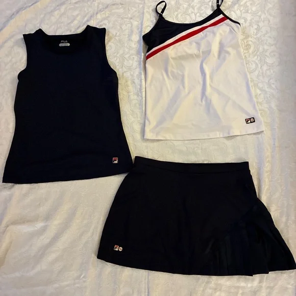 Fila Women’s Tennis Skirt/Top Outfit - 3 Piece Set - Red White and Navy Blue - Picture 1 of 8
